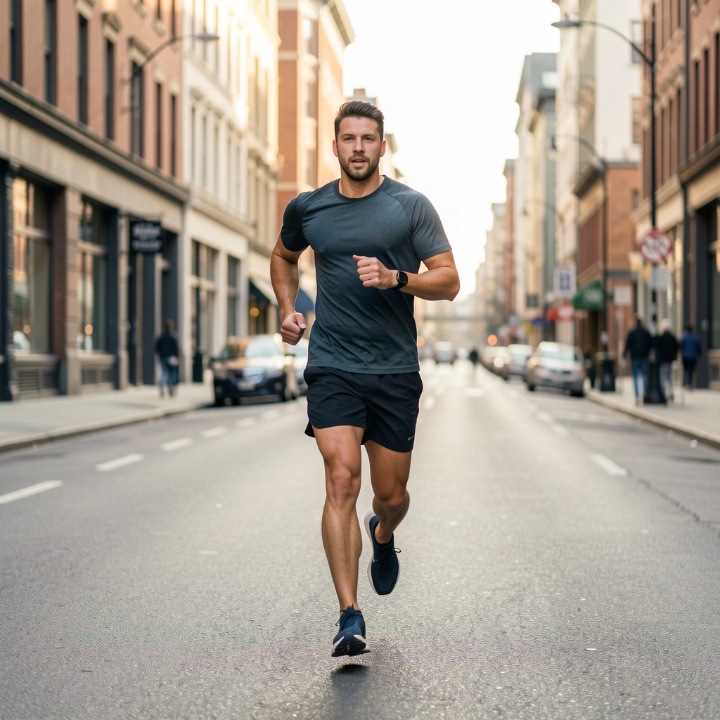 Active lifestyle morning outdoor composition, man on a morning run along an empty urban street in early daylight